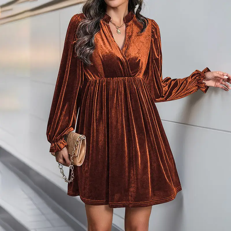 Women's V-Neck Long-Sleeve Velvet Bridal Dress