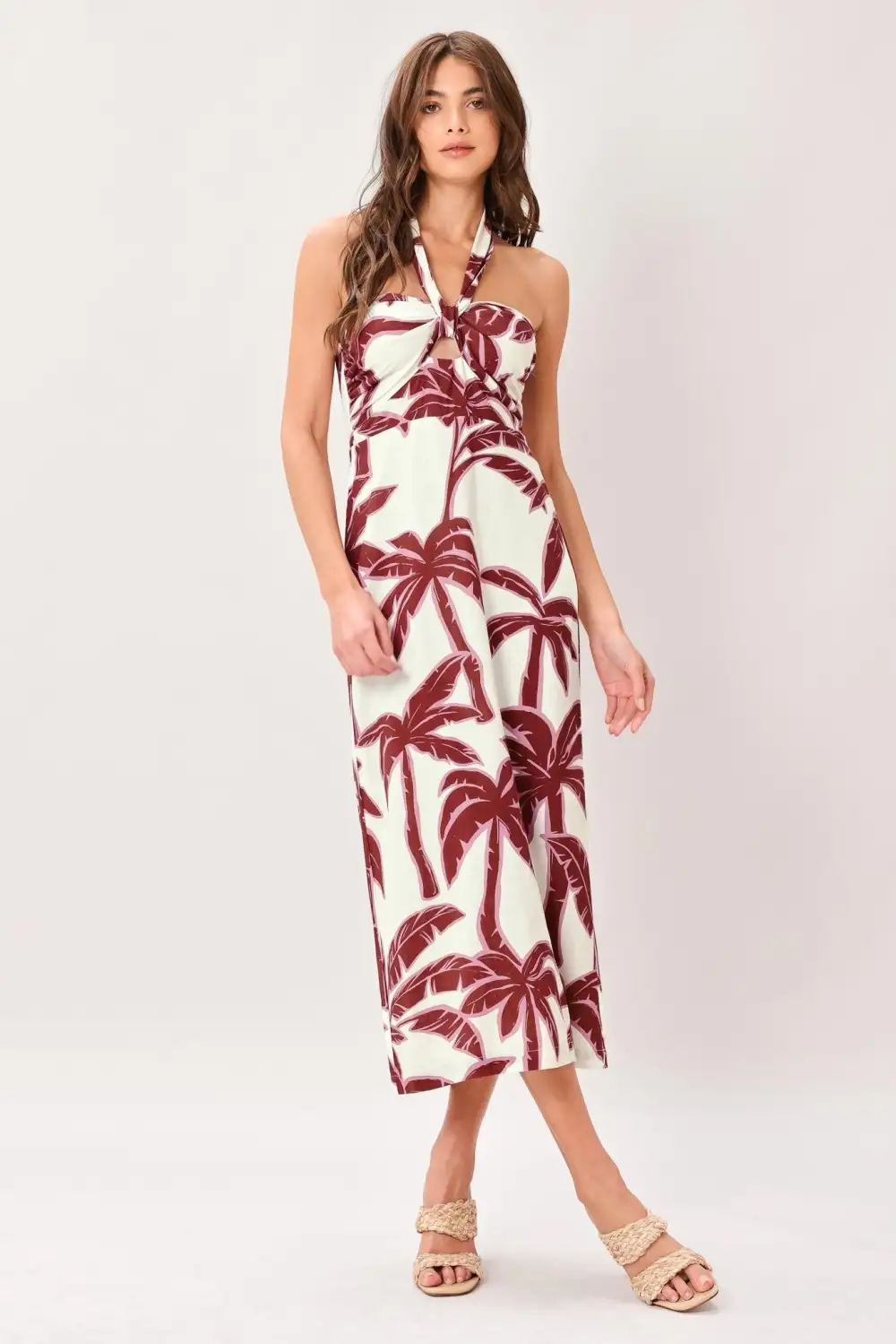 Halter Linen-Blend Printed Midi Dress