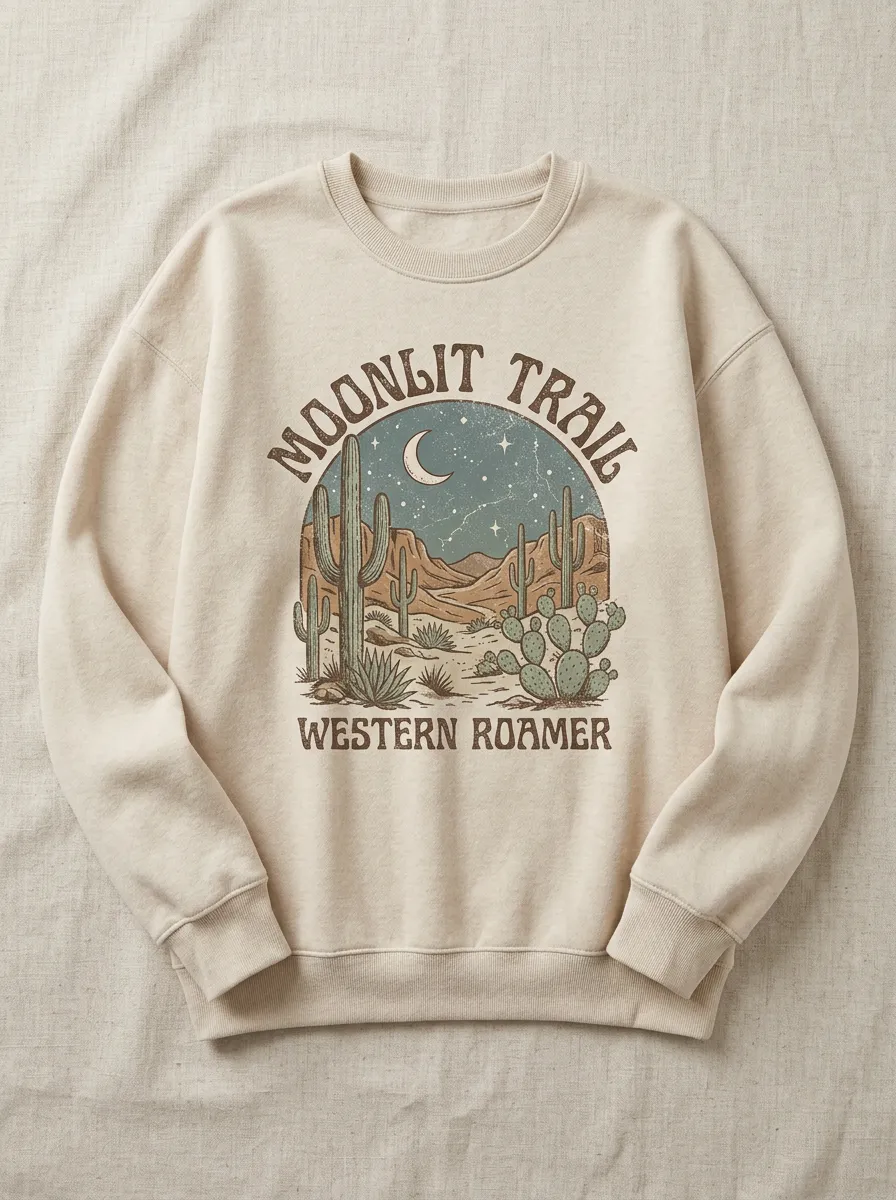 Desert-Inspired Cactus Moon Western Graphic Sweatshirt