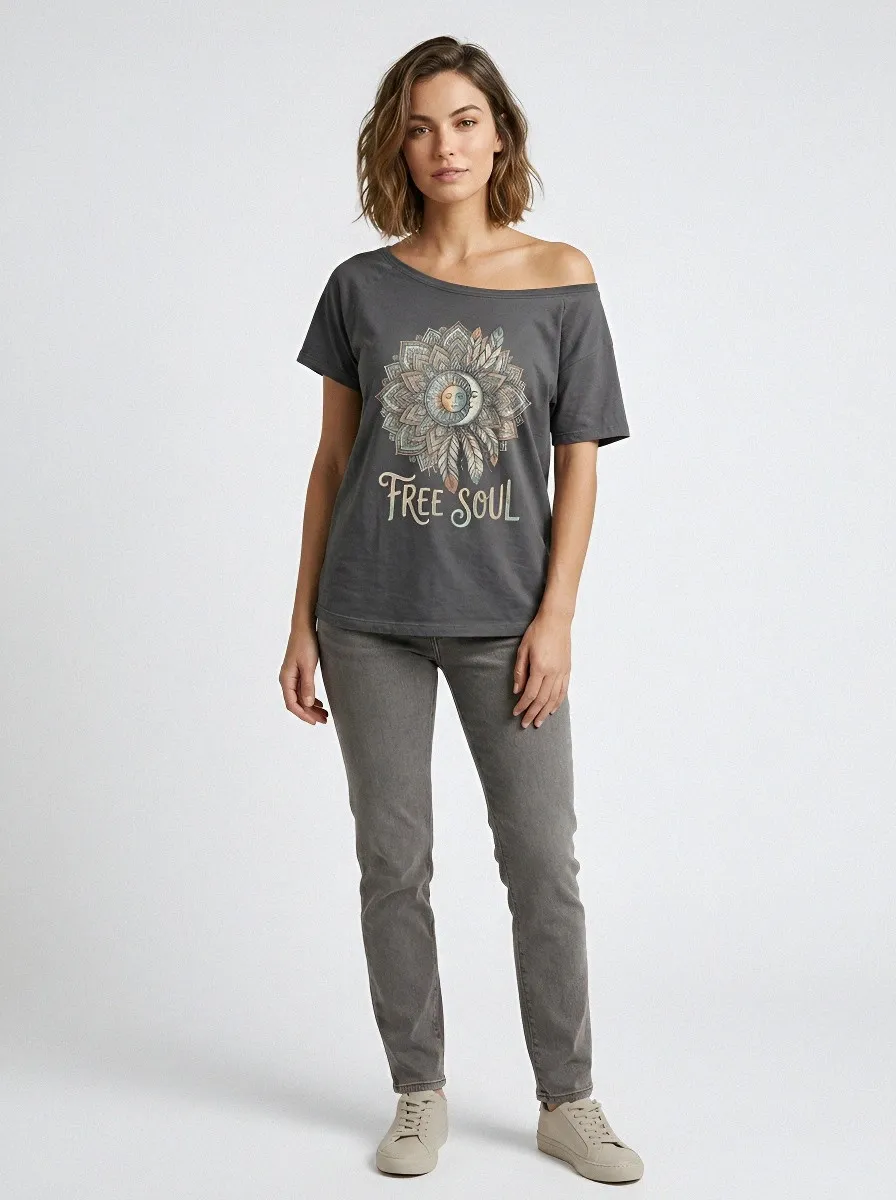 Women's Boho Free Soul Sun Moon Mandala Printed T-shirt