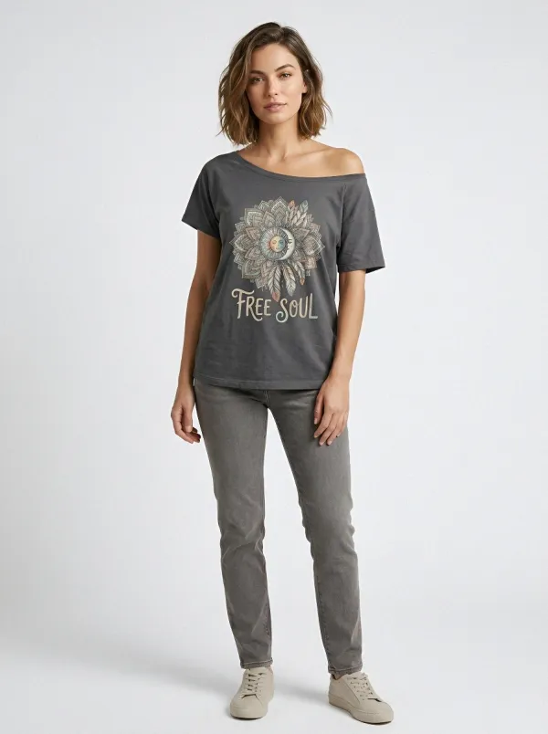 Women's Boho Free Soul Sun Moon Mandala Printed T-shirt
