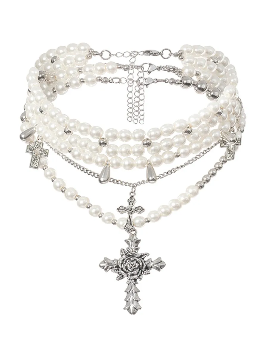 Eloise Triple Pearls Cross Necklace