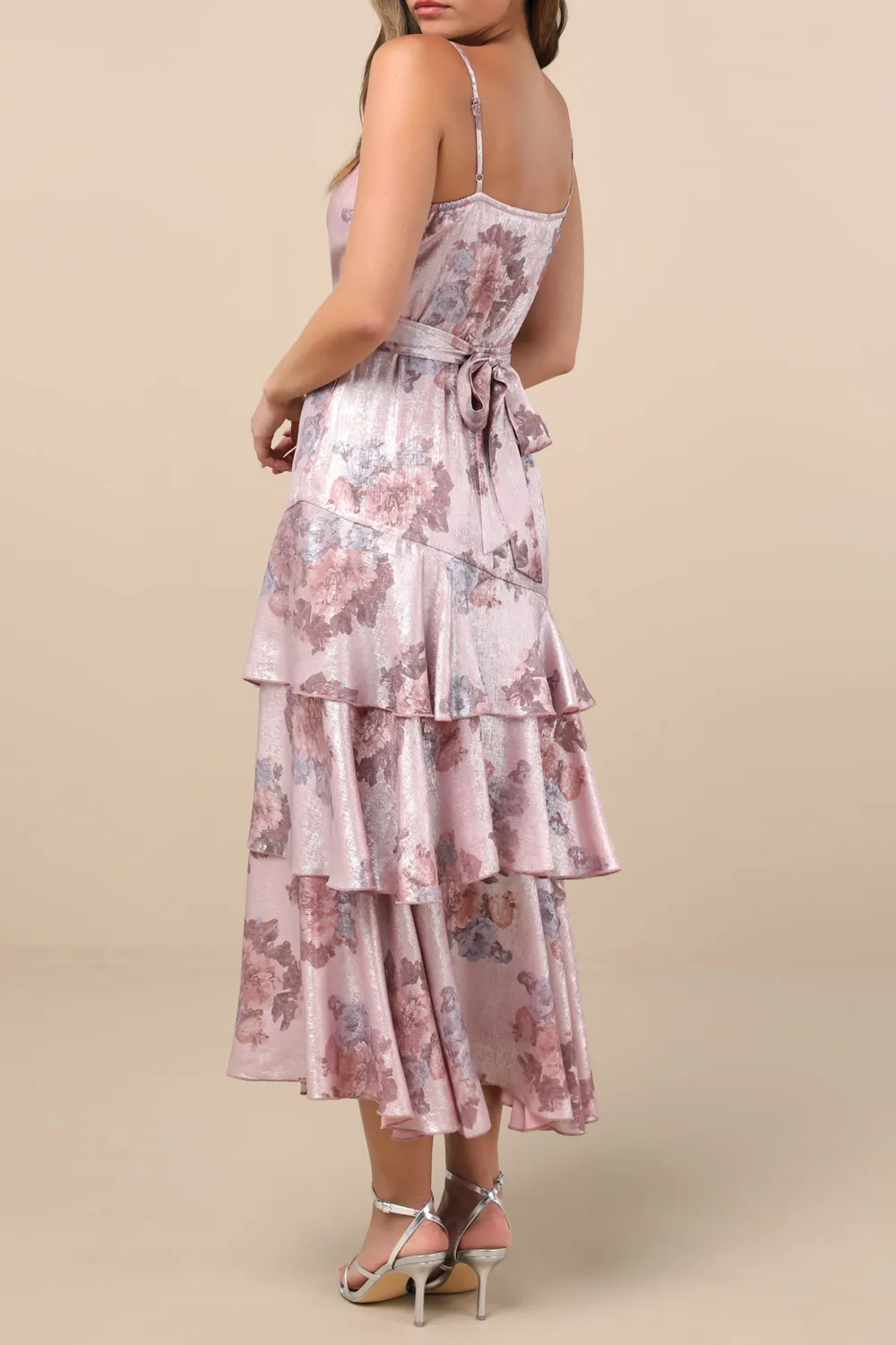 Floral Satin Surplice Tiered Midi Dress