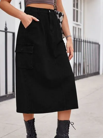 Relaxed Slit Buttoned Denim Pockets Skirt
