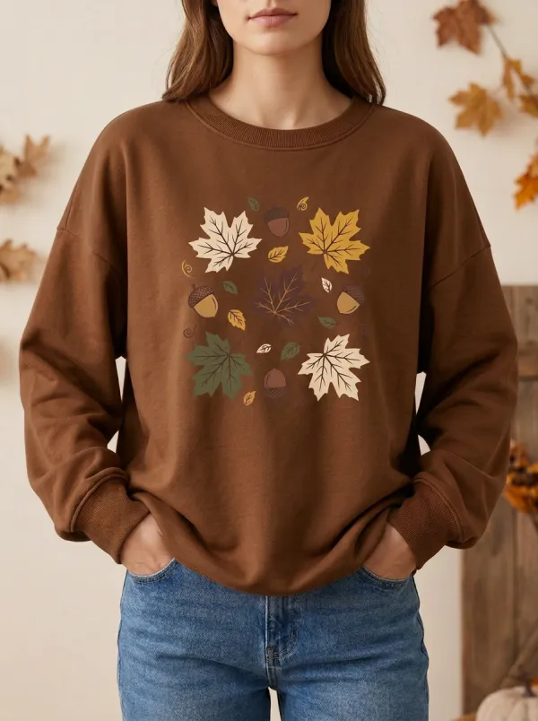 Classic Silhouette Maple-Leaf Printed Acorn Graphic Sweatshirt
