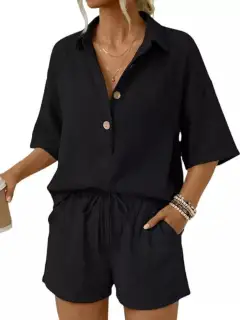 Drawstring Button-Front Linen Top and Shorts Matching Set