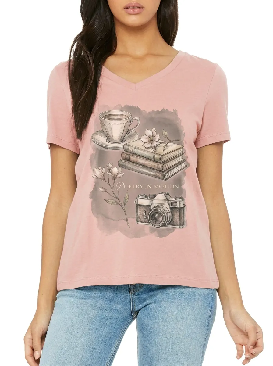 Women's Book Lover Camera Coffee Printed V-neck T-shirt