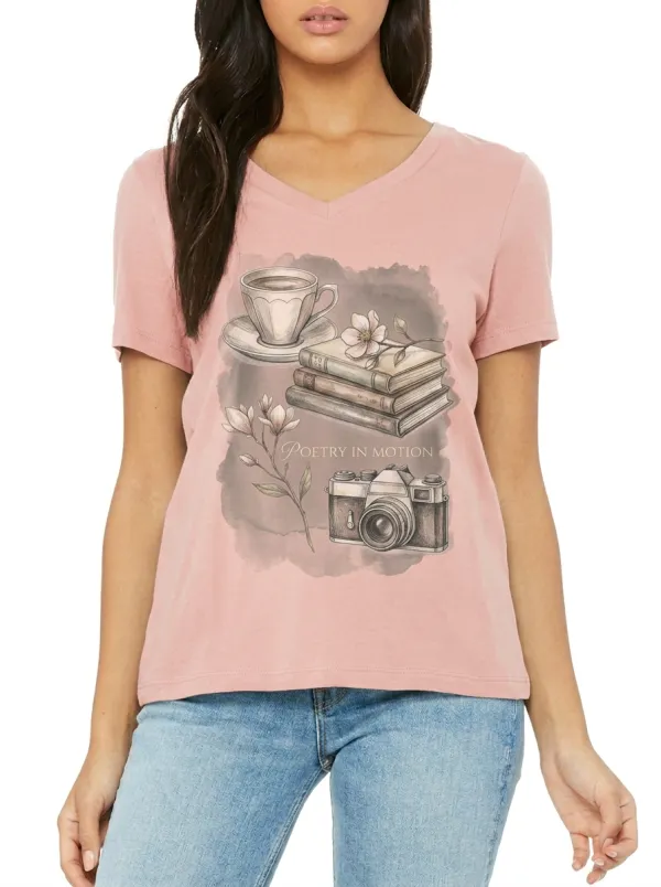 Women's Book Lover Camera Coffee Printed V-neck T-shirt
