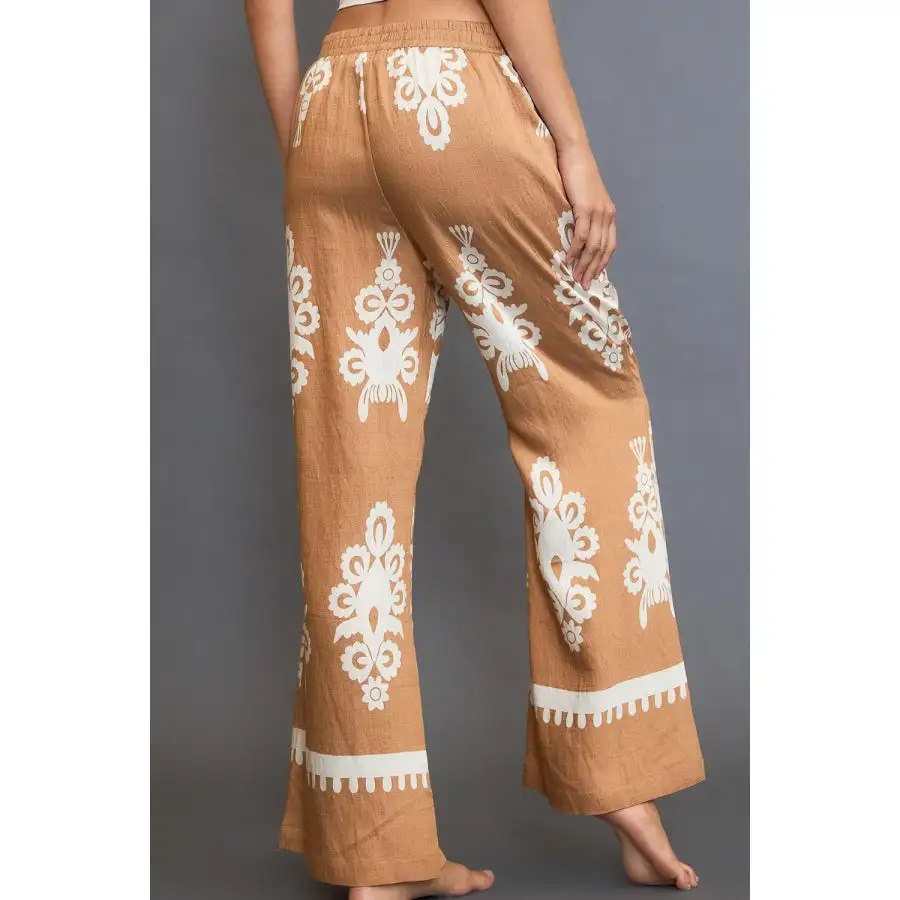 Full Size Border Print Wide Leg Pants Plus Size