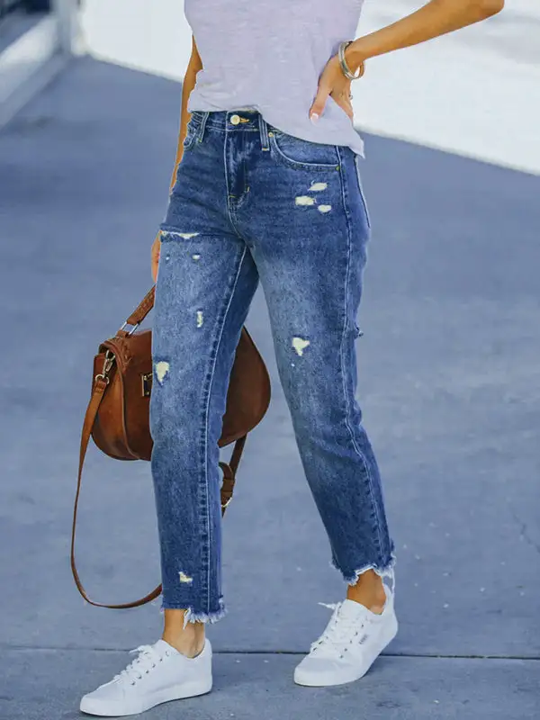 Washed Frayed Tassel Slim High Elastic Denim Jeans