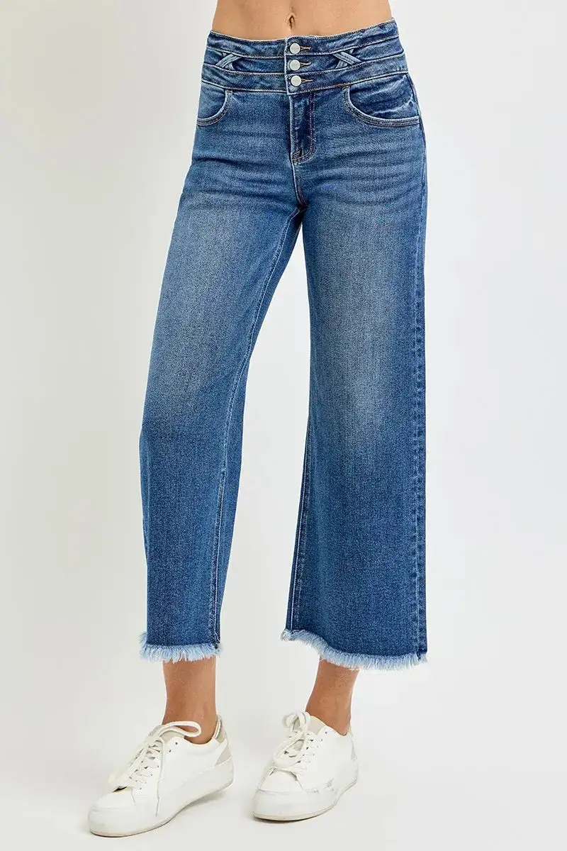 High Rise Crop Wide Leg Jeans With Wide Band Detail