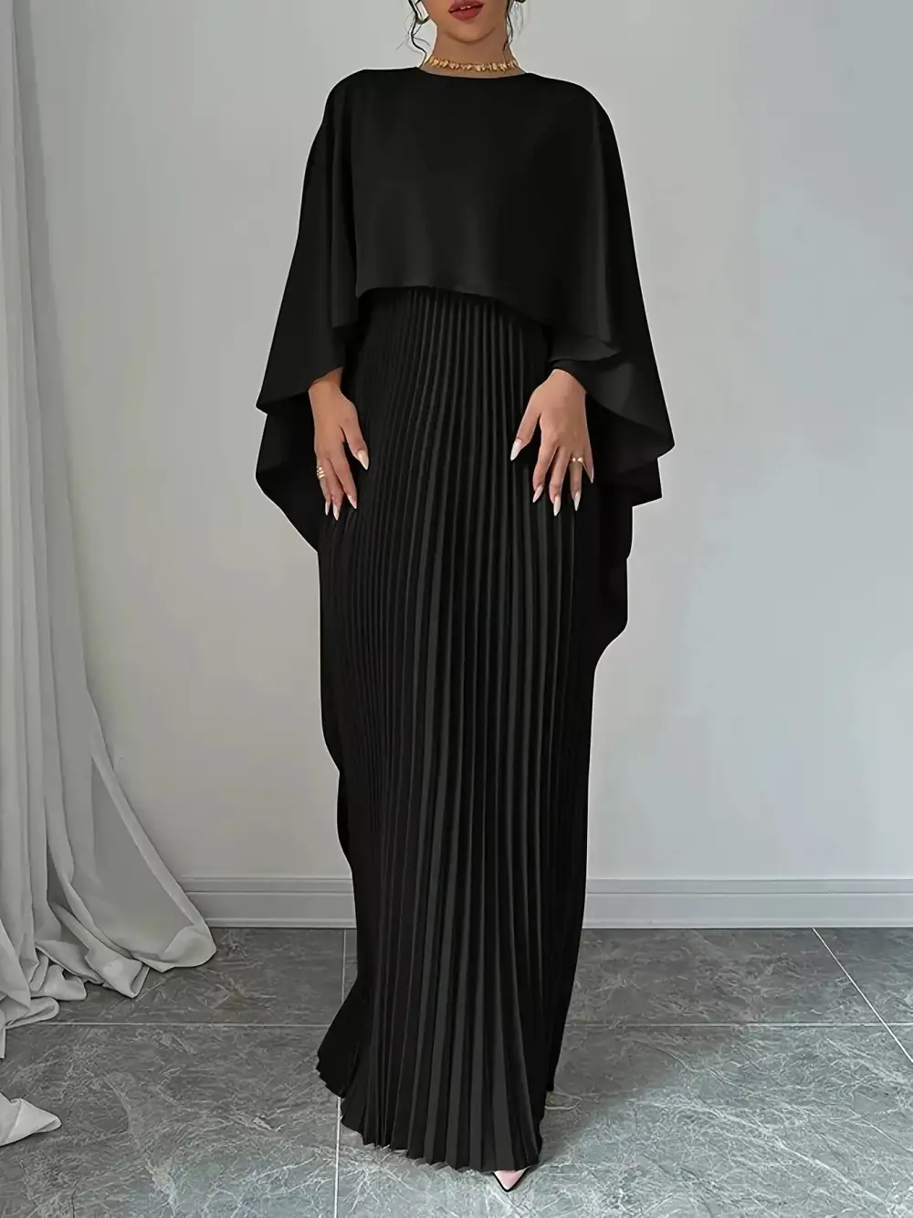 Cape Pleated Maxi Dress