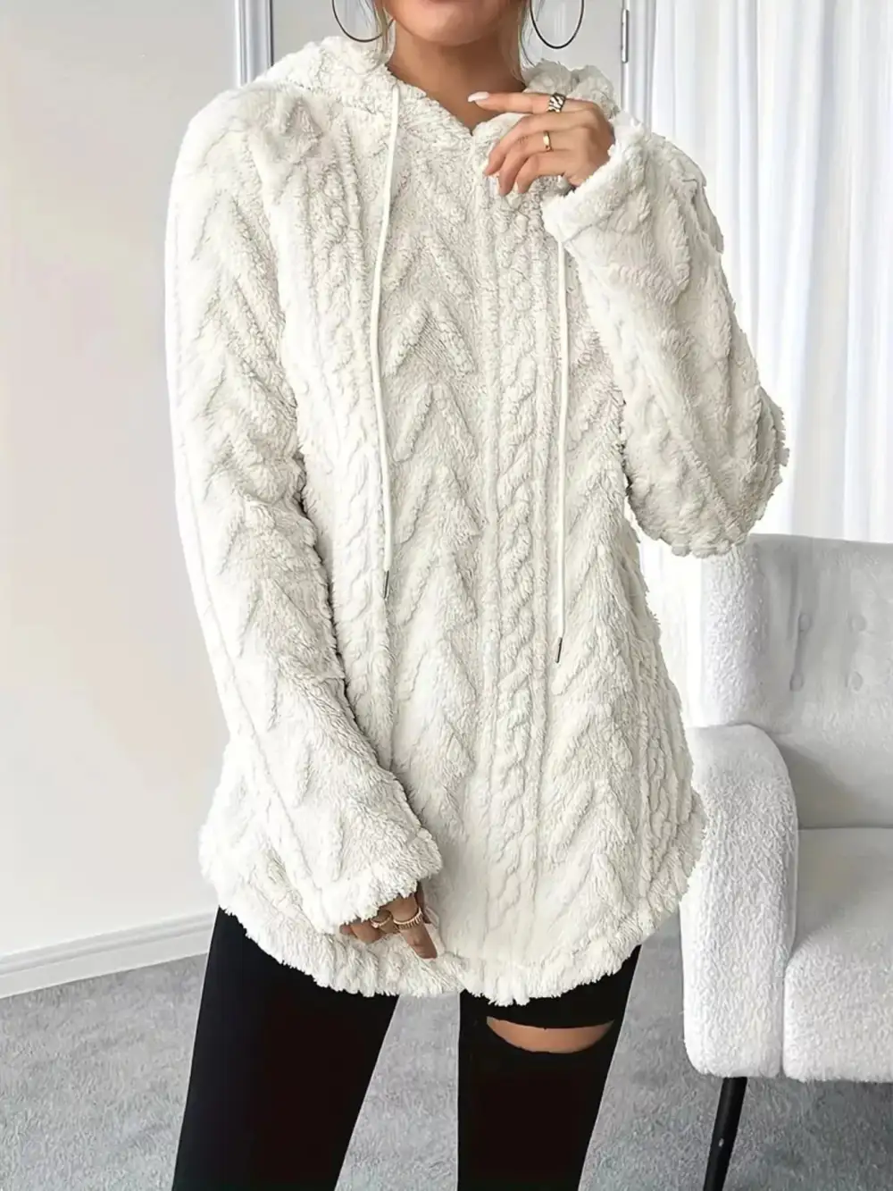 Drawstring Textured Fleece Hoodie