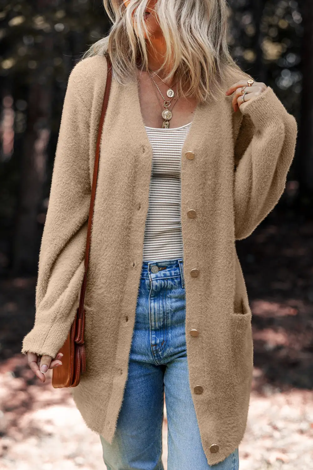 Fuzzy Button Front Midi Solid Everyday Layer Cardigan