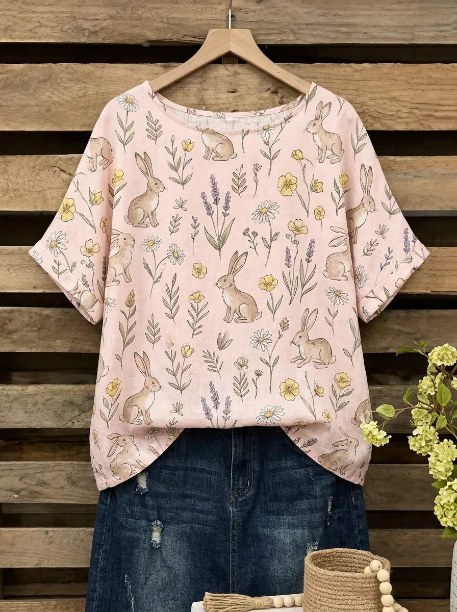 Rabbit Nature Women's Loose Printed T-Shirt