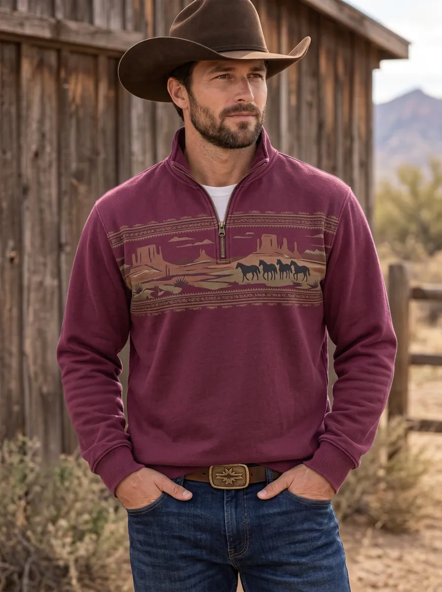 Men's Western Cowboy Horse Desert Quarter-Zip Sweatshirt