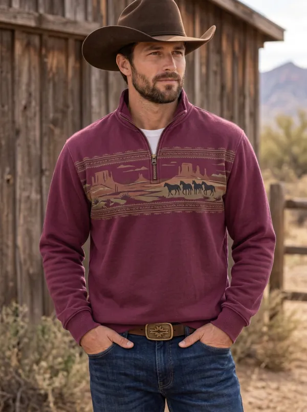 Men's Western Cowboy Horse Desert Quarter-Zip Sweatshirt