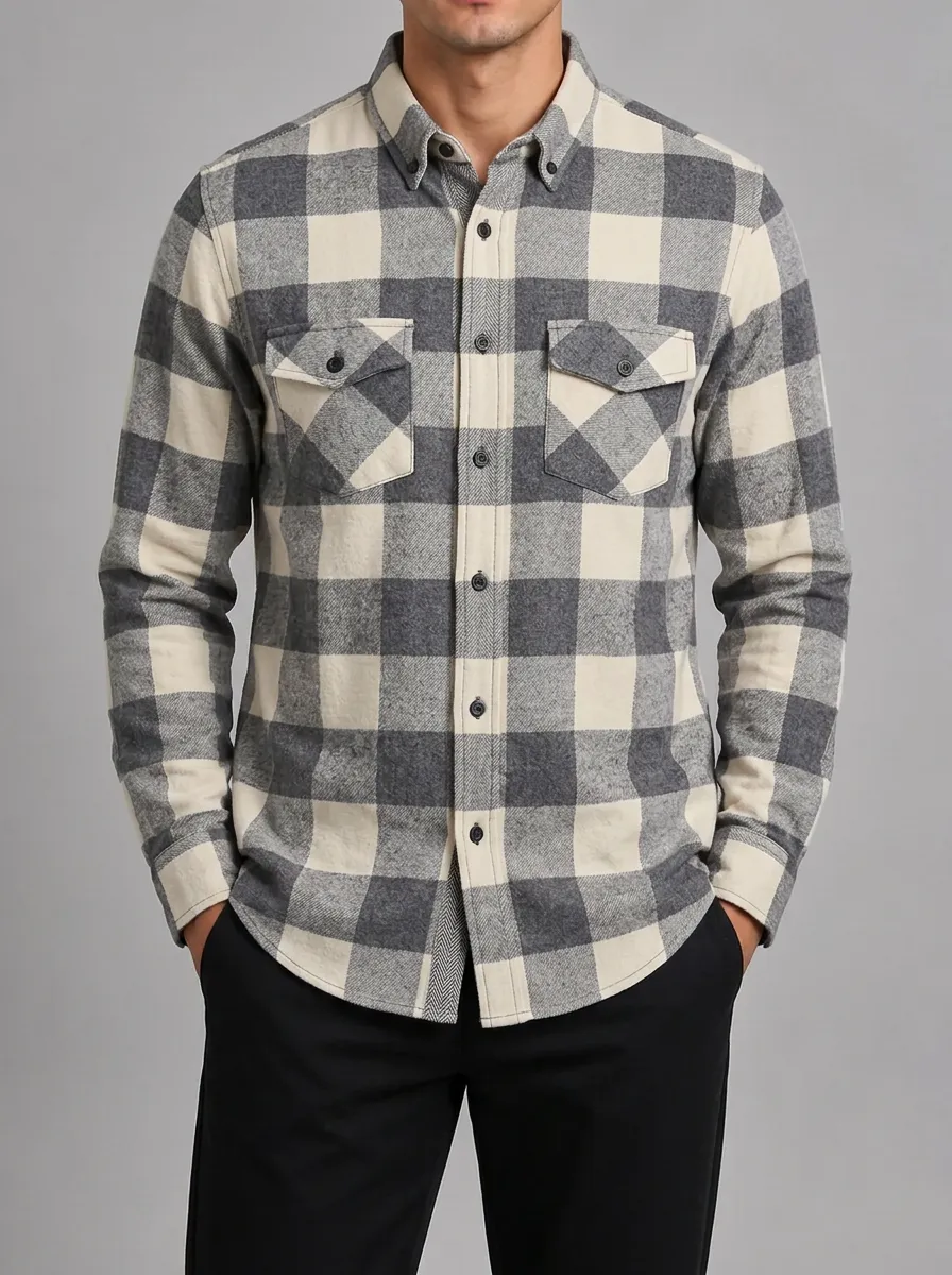 Men's Casual Style Grey White Plaid Pattern Button Down Shirt