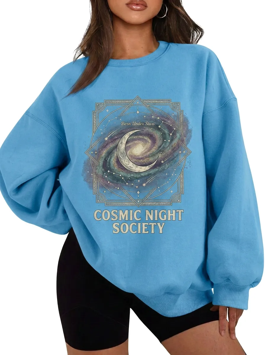 Women's Cosmic Night Society Galaxy Moon Printed T-shirt