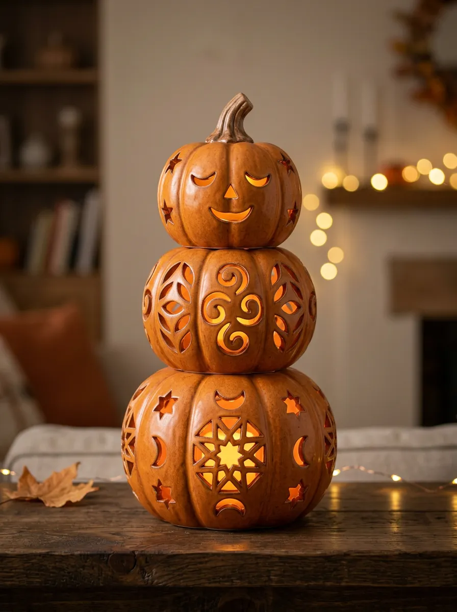 Stacked-Pumpkin Star-Moon Carved Halloween Pumpkin Light
