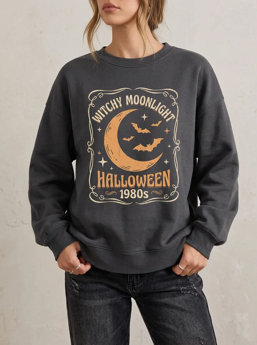Women's Halloween Witchy Moonlight Bat 1980s Printed Sweatshirt