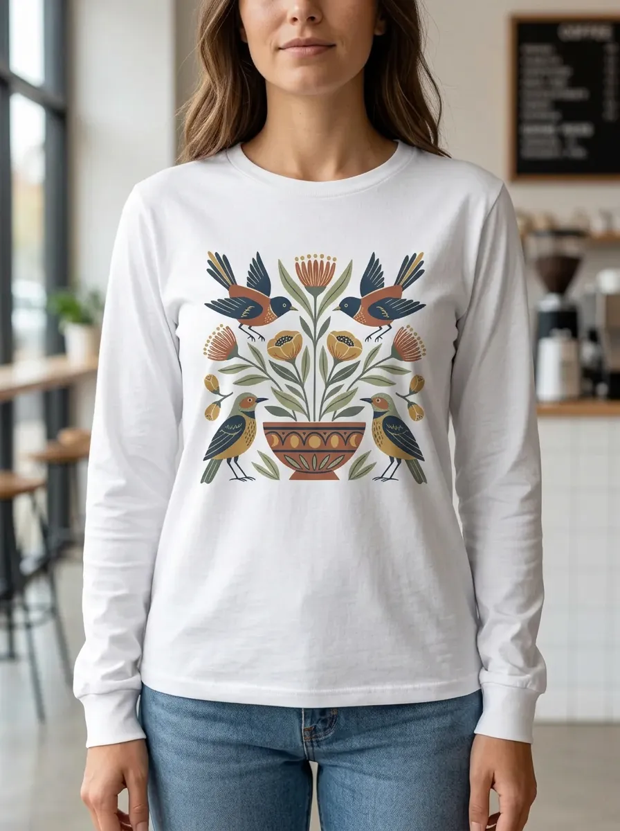 Women's Folk Art Bird and Floral Printed Long Sleeve Top