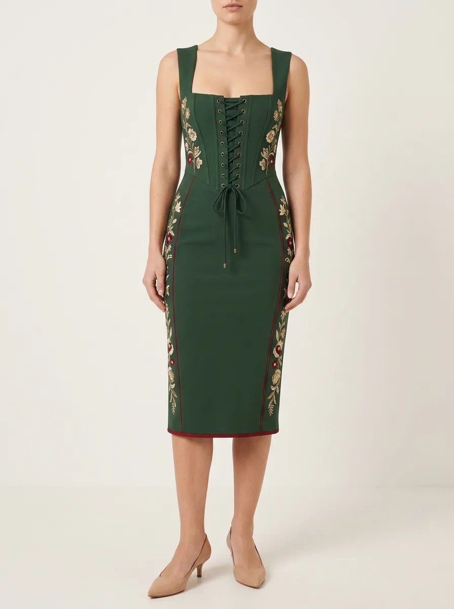 Women's Embroidered Lace-Up Dirndl-Inspired Dress