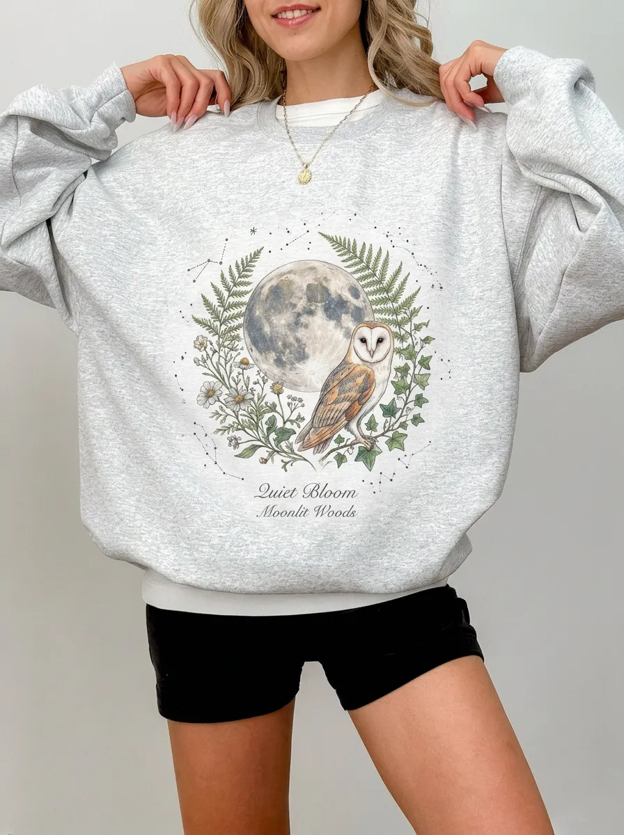 Women's Nature Lover Moonlit Owl Floral Printed Sweatshirt