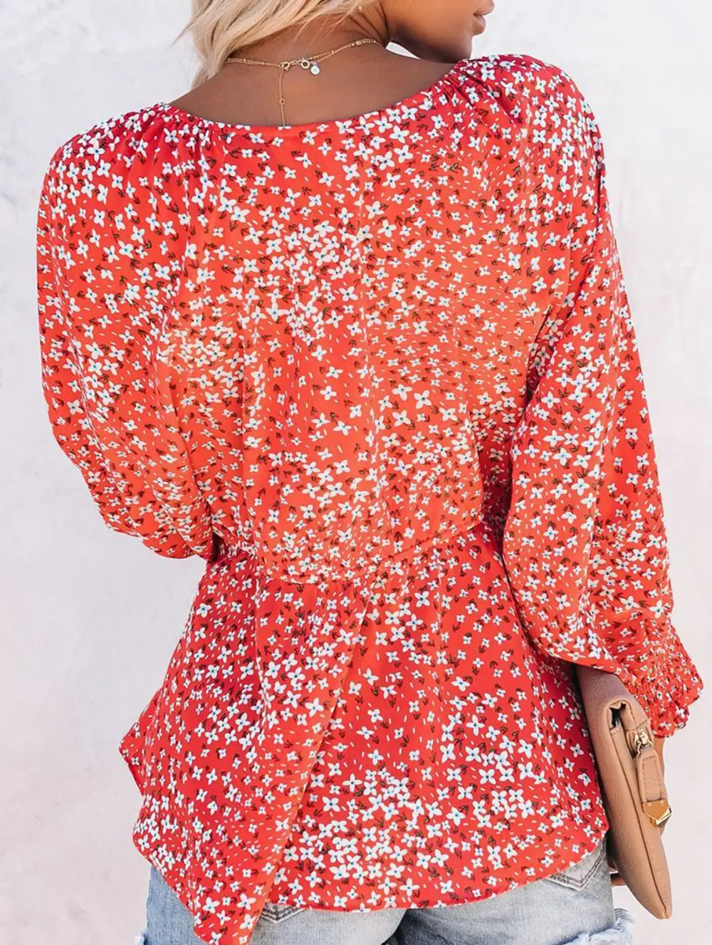 Floral Print V Neck Tie Waist Blouse