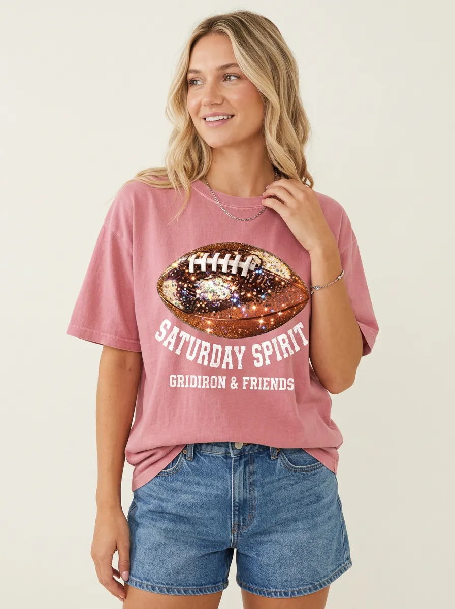 Women's Sport Inspired Gridiron Ball Sparkle Love Crewneck T-Shirt