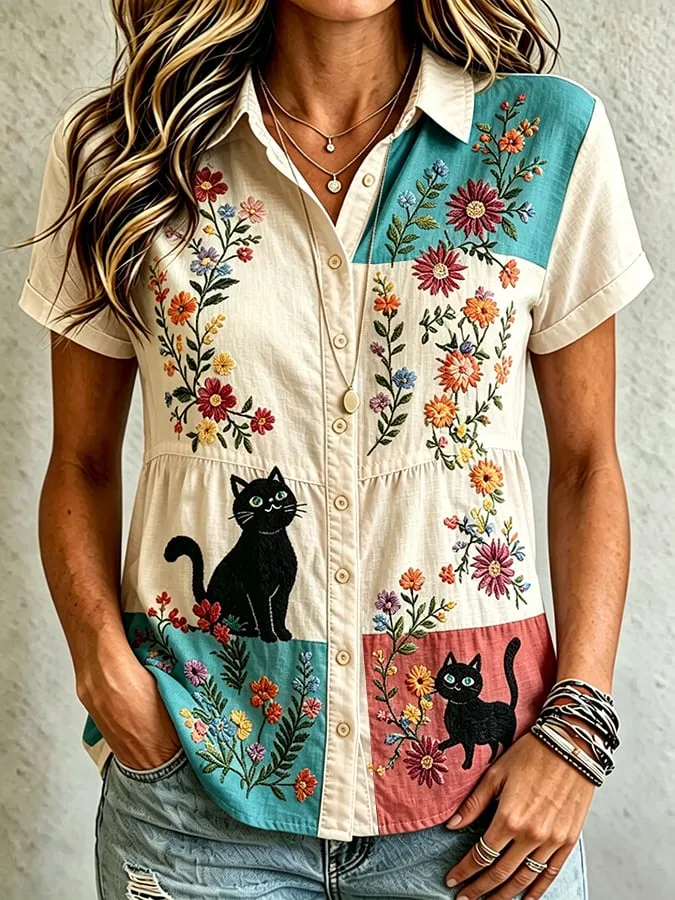 Women'S Casual Cotton Linen Flower And Cat Print Top