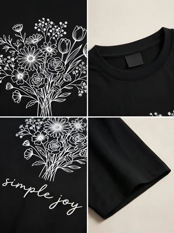 Women's Simple Joy Floral Bouquet Line Art Printed T-shirt