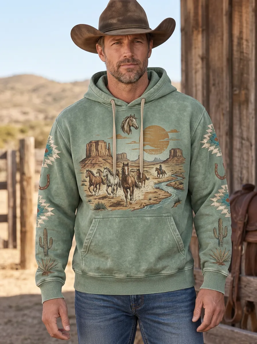 Men's Rustic Western Cowboy Horse Desert Graphic Hoodie