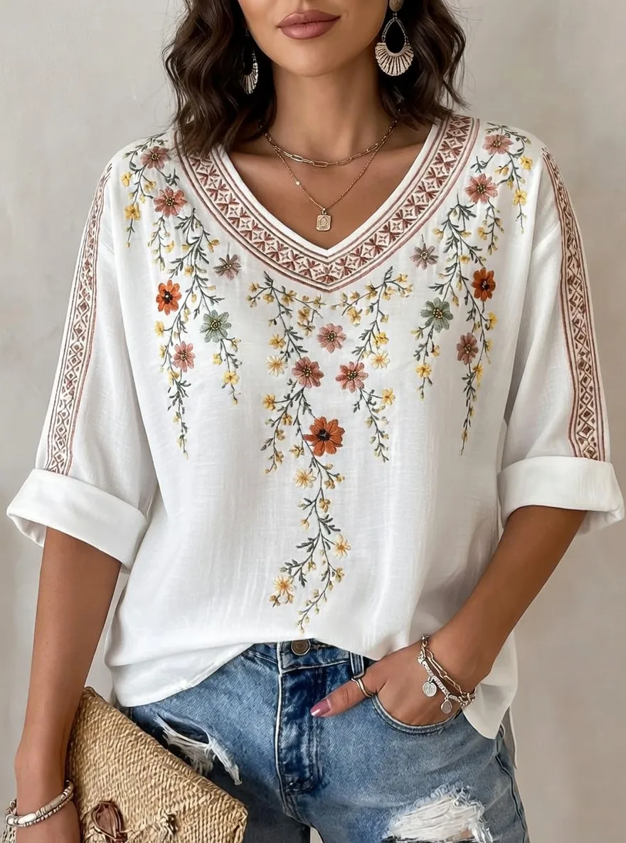 Women's Floral Boho V-Neck Embroidered Printed Short Sleeve T-Shirt