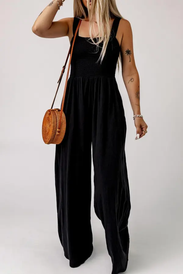 Smocked Square Neck Wide Leg Pockets Jumpsuit