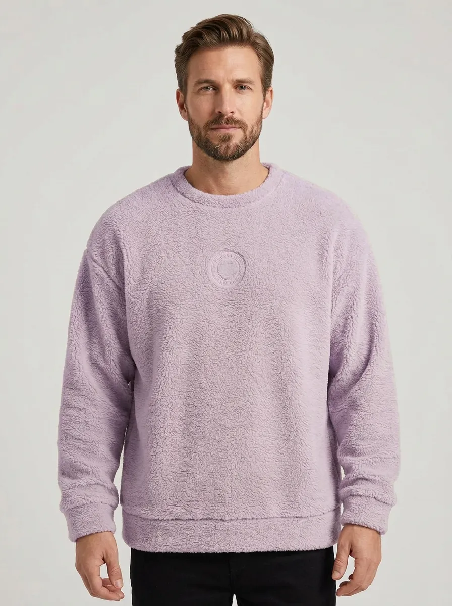 Traditional Embroidered Fleece Look Men's Fleece Crewneck Sweatshirt
