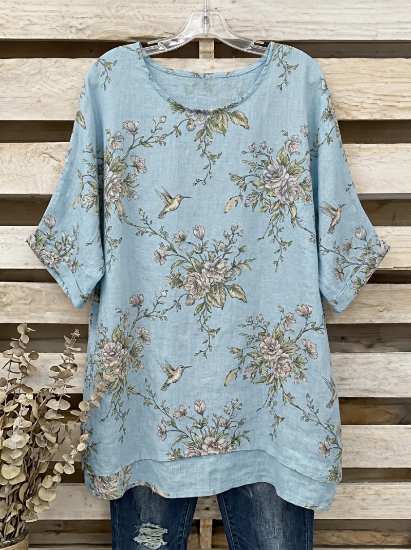 Garden-Inspired Hummingbird Women's Loose Printed T-Shirt