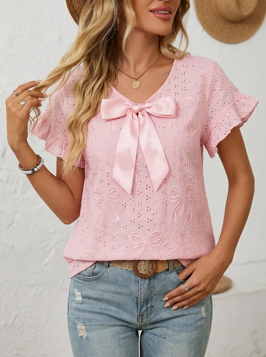 Women's V-neck Bow-detail Eyelet Top