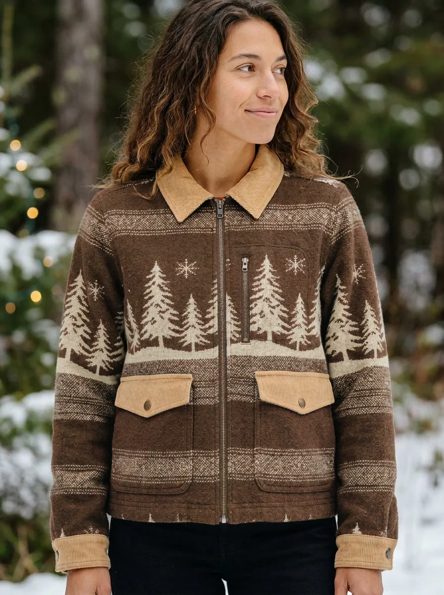 Christmas Holiday Pine Tree Snowflake Print Jacket