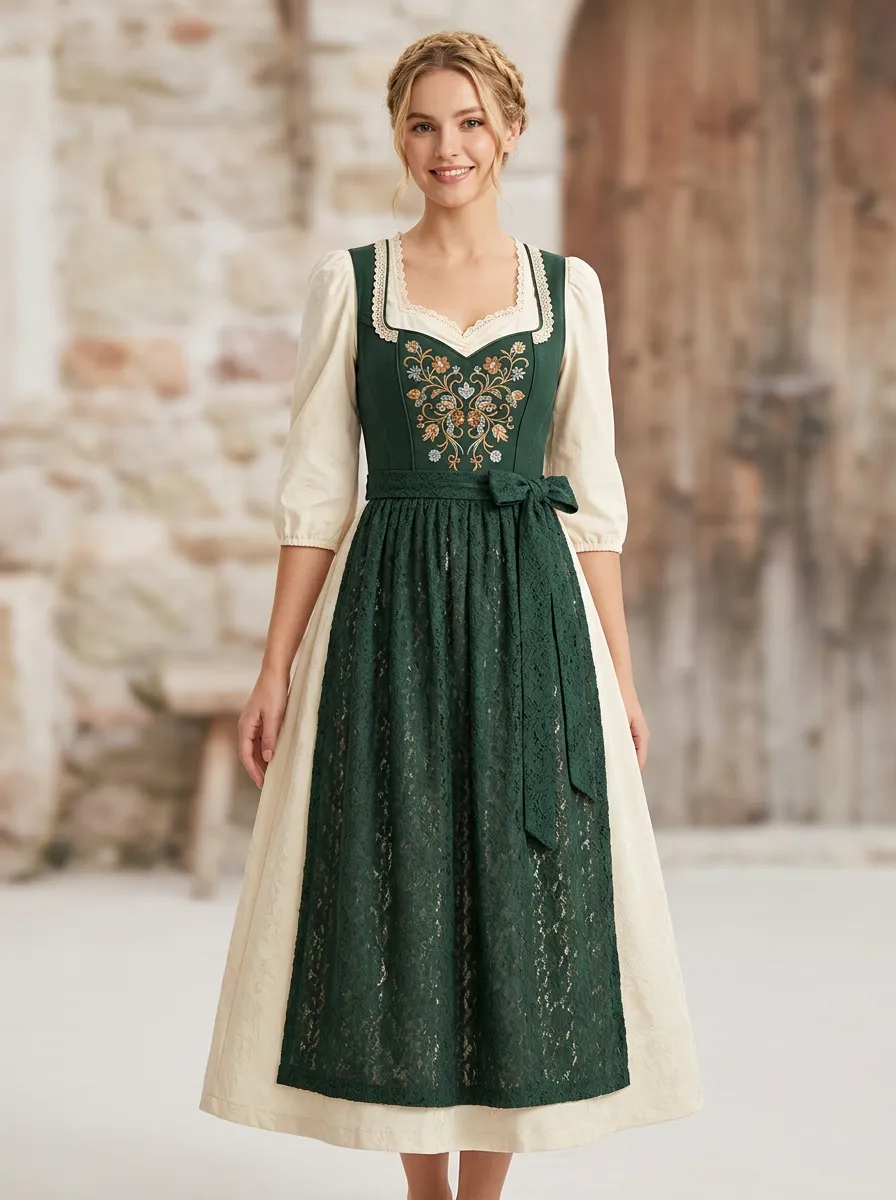 Floral Embroidered Lace Apron Square Neck Traditional Women's Bavarian Oktoberfest Dirndl Dress