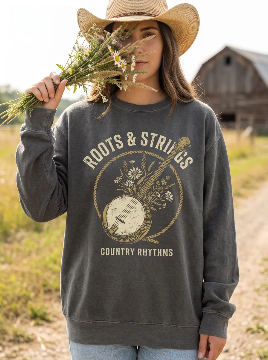 Banjo Floral Roots-And-Strings Women's Country Music Crewneck Sweatshirt