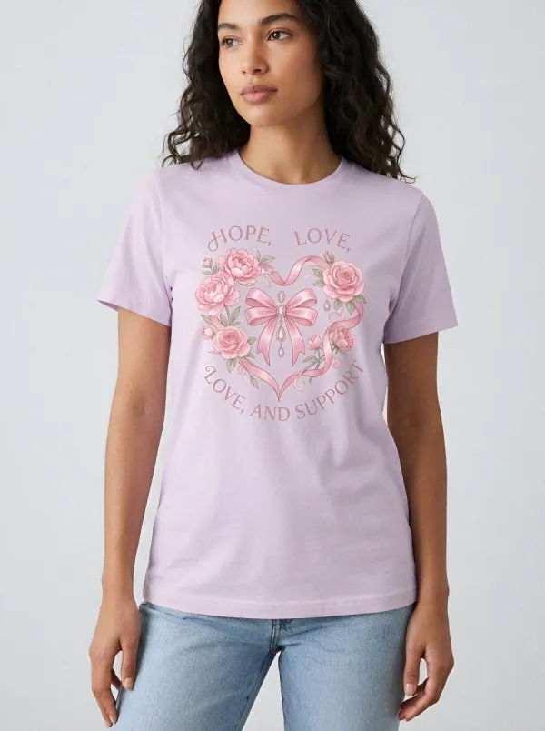 Women's Breast Cancer Awareness Floral Heart Ribbon Printed T-shirt
