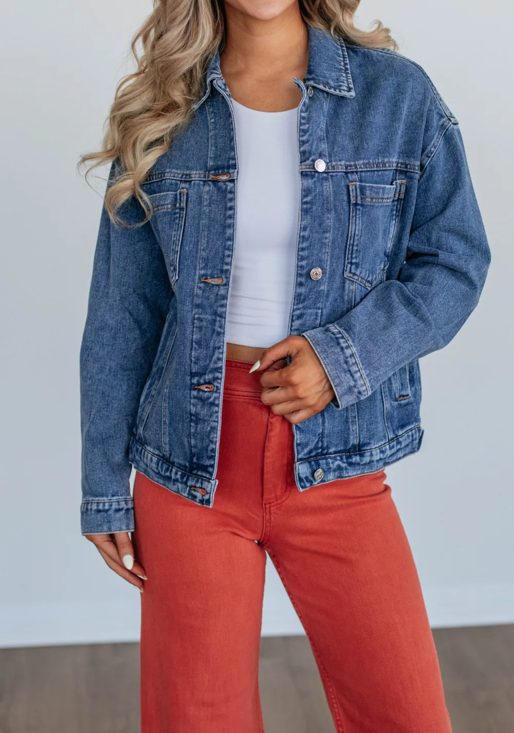 Collared Button-Front Button-Cuff Side-Pocket Denim Jacket