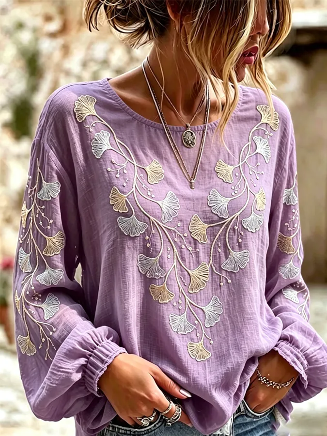 Women's floral print fresh round neck top