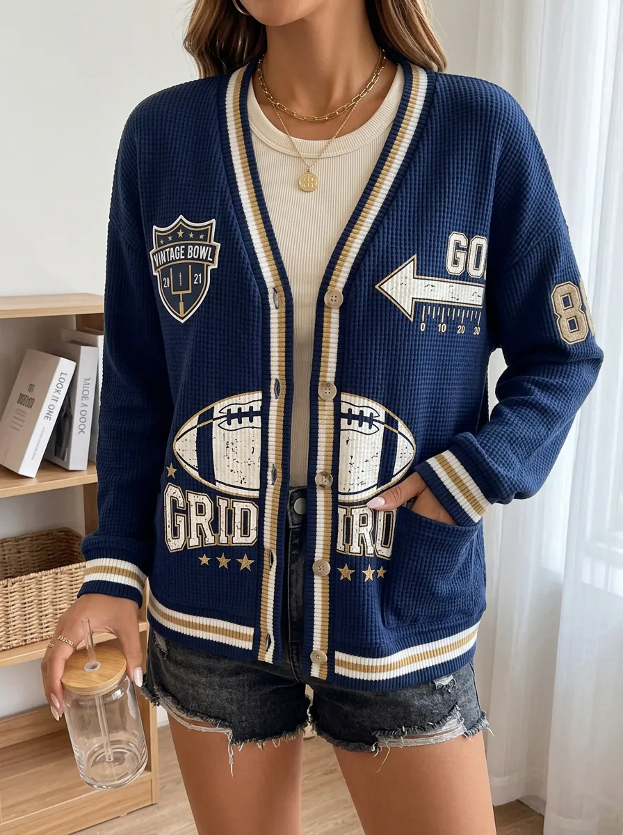 Women's Football Lover Vintage Bowl Gridiron Printed Waffle Cardigan