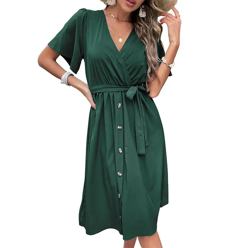 Women's Wrap V-Neck Belted Dress