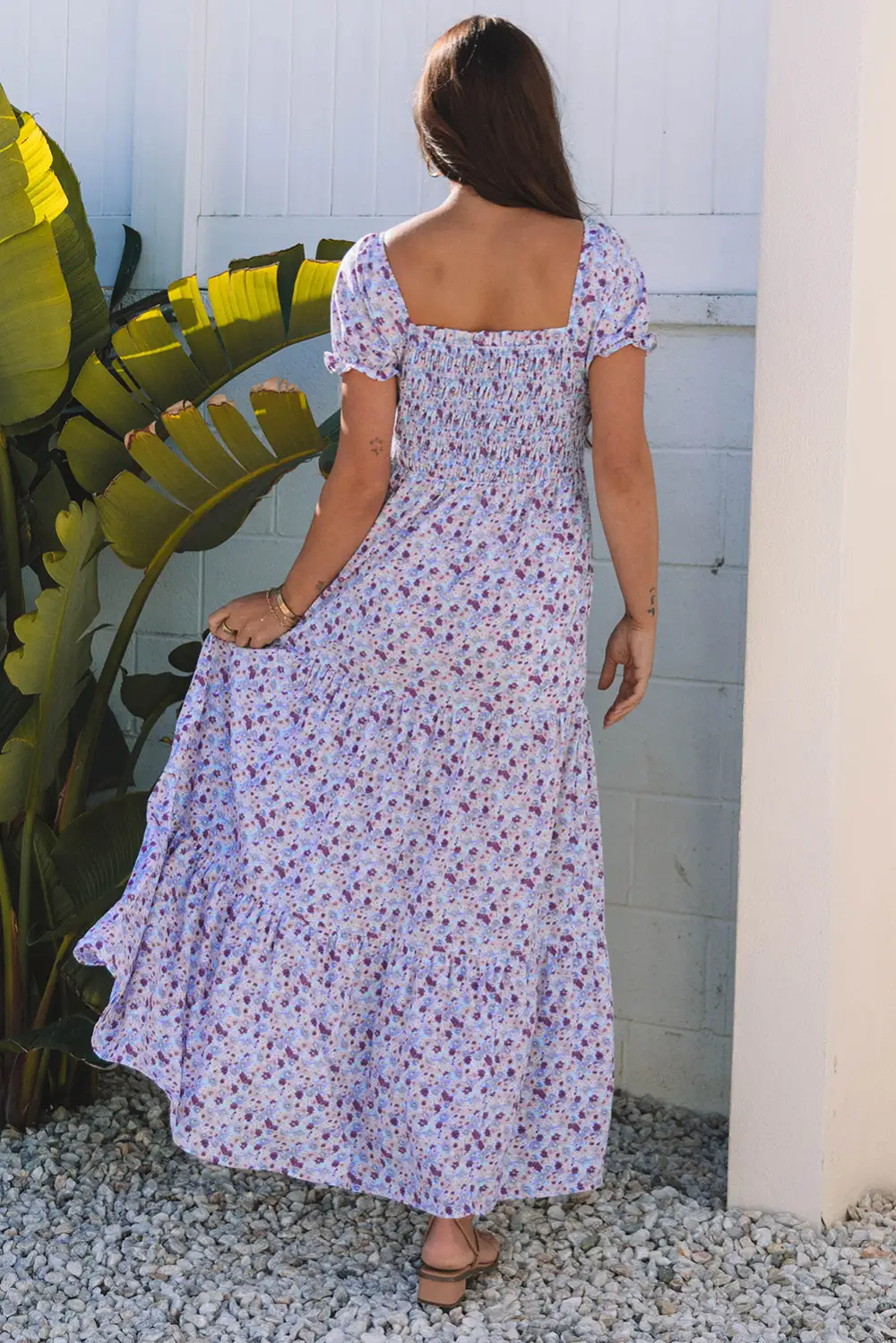 Floral Short Bubble Sleeve Shirred High Waist Maxi Dress Polished
