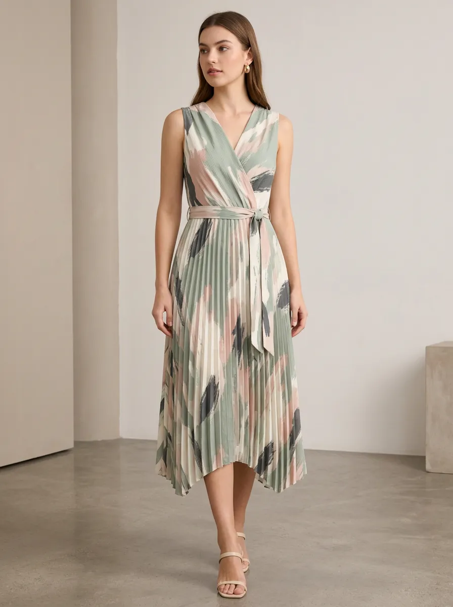 Women's Abstract Brushstroke Pleated Printed Dress