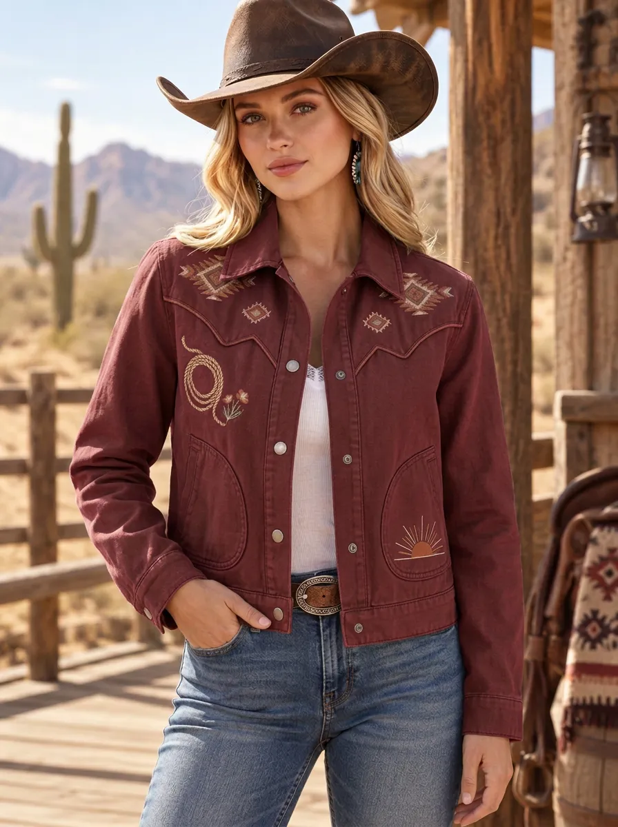 Women's Western Cowgirl Lasso Sun Geometric Denim Jacket