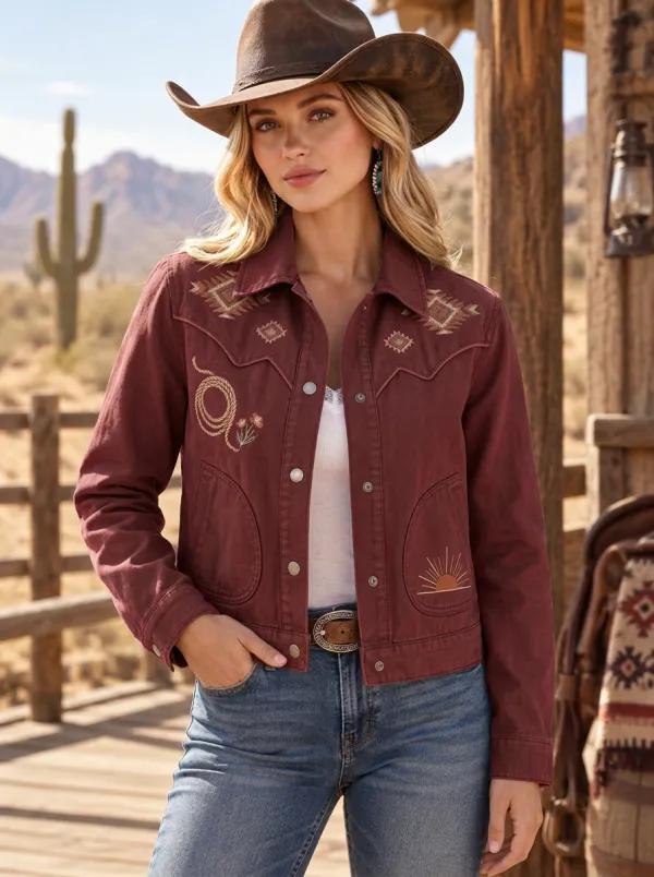 Women's Western Cowgirl Lasso Sun Geometric Denim Jacket